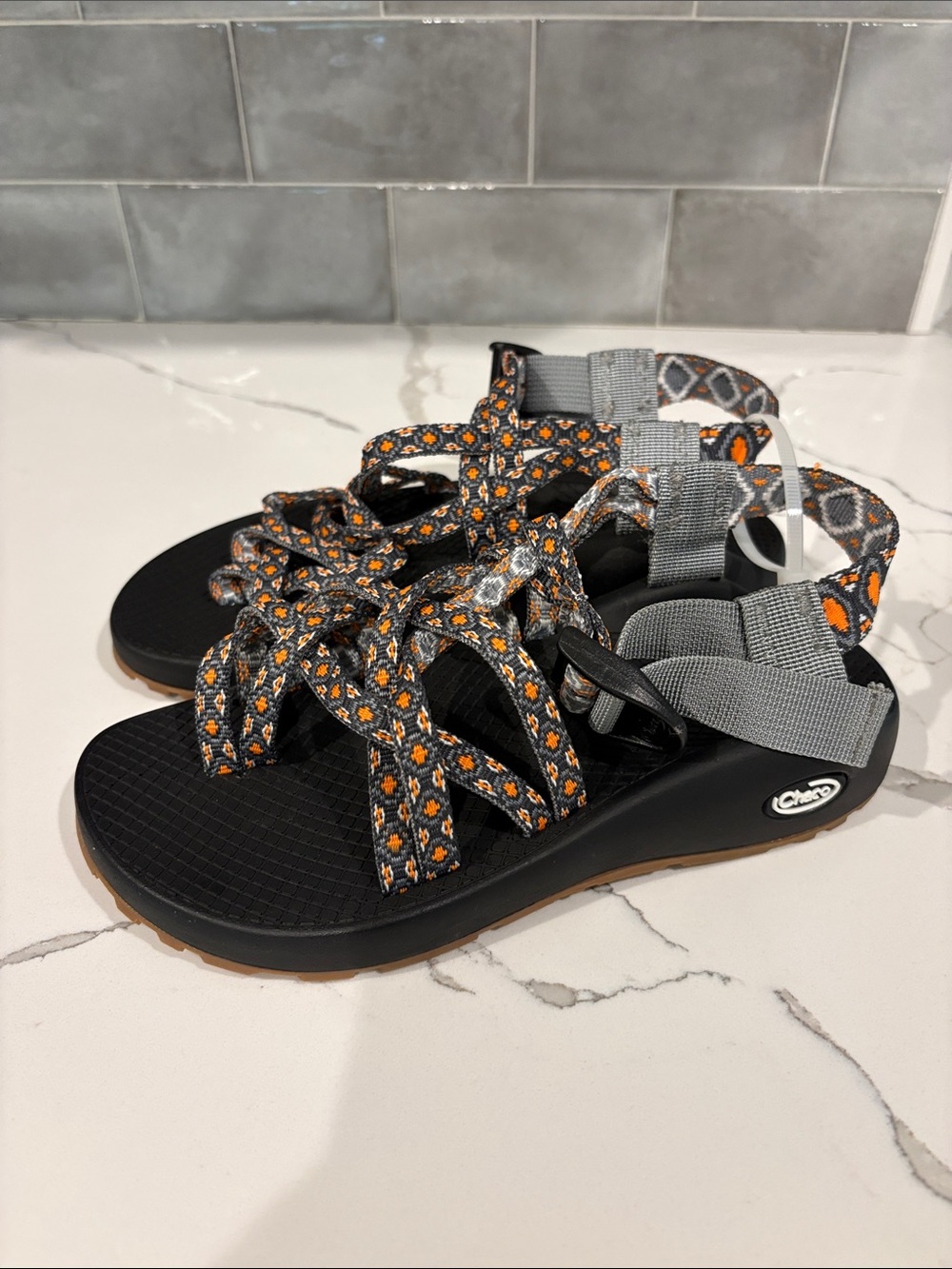 Chaco Kids Black Sandals with Orange Floral Webbing and Gray Straps